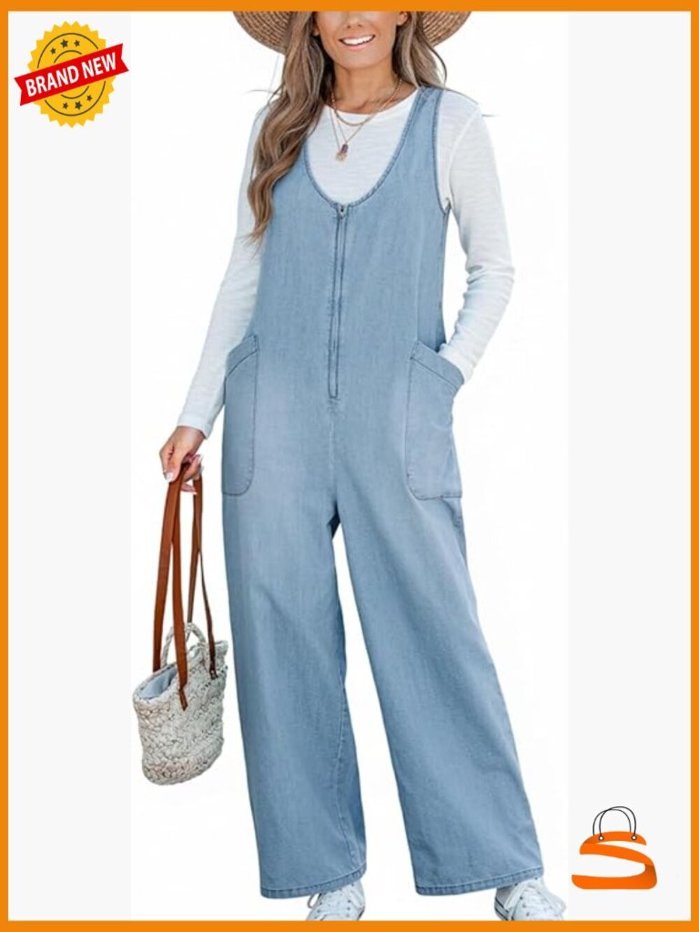 Sleeveless Denim Jumpsuit Wide Leg Cotton Romper Front Zip Pocket